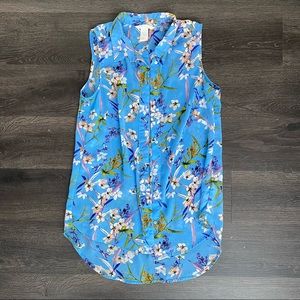 H&M Sky Blue Floral Collared Button Up Tank Top Blouse